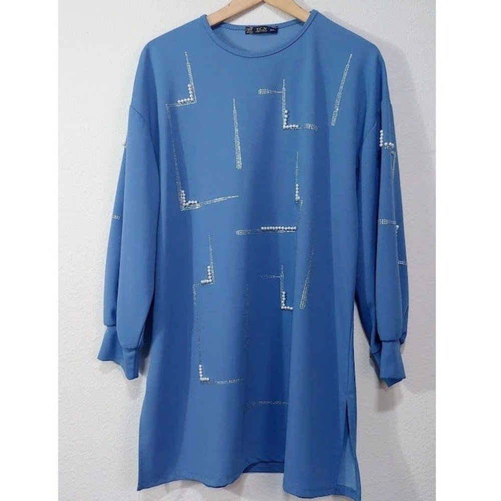 TCN Womens 2XL Blue Pearl Embellished Long Sleeve Tunic Top  Shirt